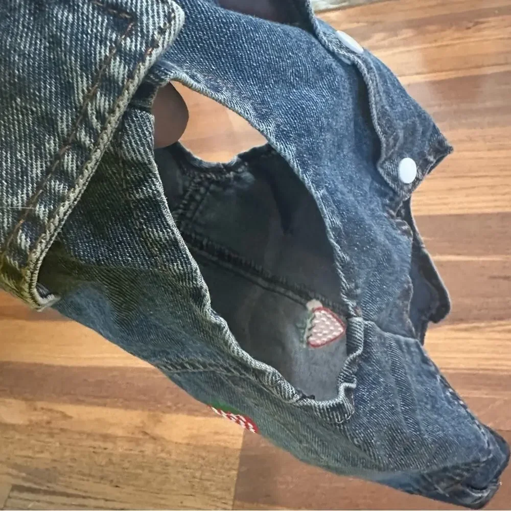 Dog Denim Jacket, Embroidered Strawberries,‎ Distressing, Pet, Snap Buttons, XL
